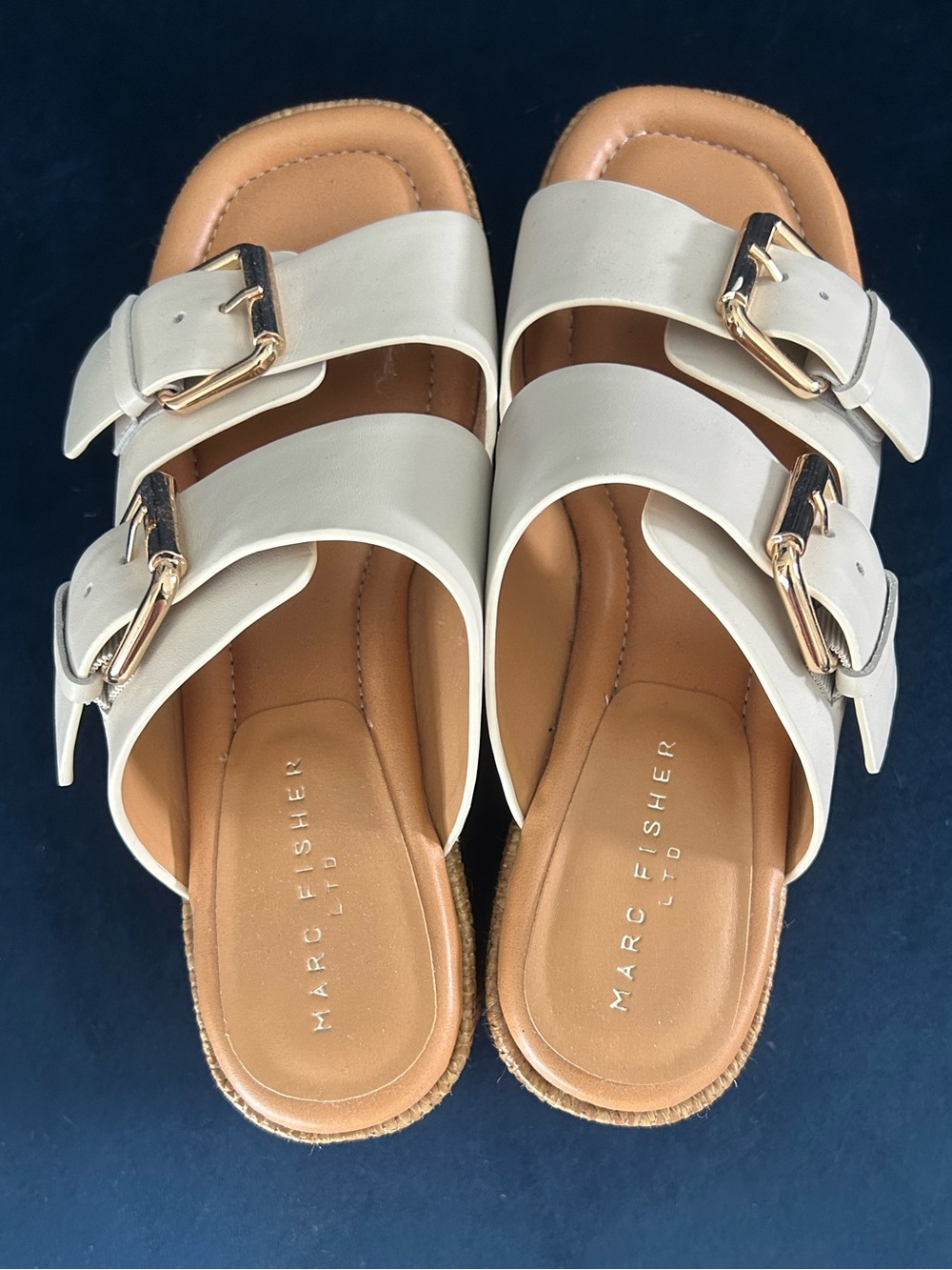 Marc Fisher Cream Double-Buckle Slide Sandals with Gold Buckles